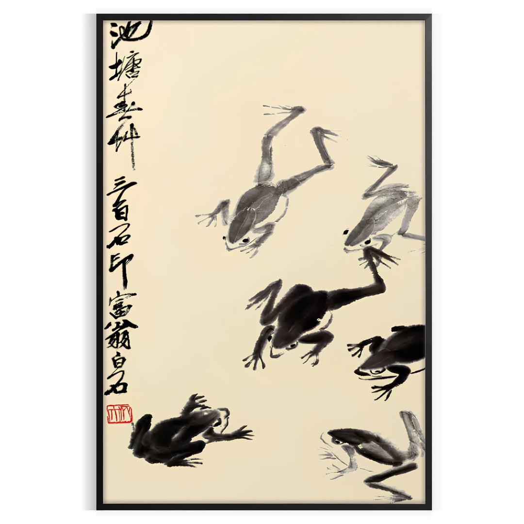 A stylized frog illustration in black and orange, inspired by Matsumoto Hoji, Japan