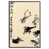 A stylized frog illustration in black and orange, inspired by Matsumoto Hoji, Japan - in a black frame