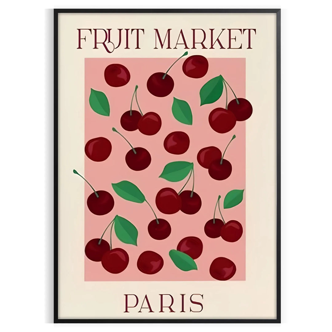 A graphic depiction of a fruit market in Paris with warm brown and orange tones