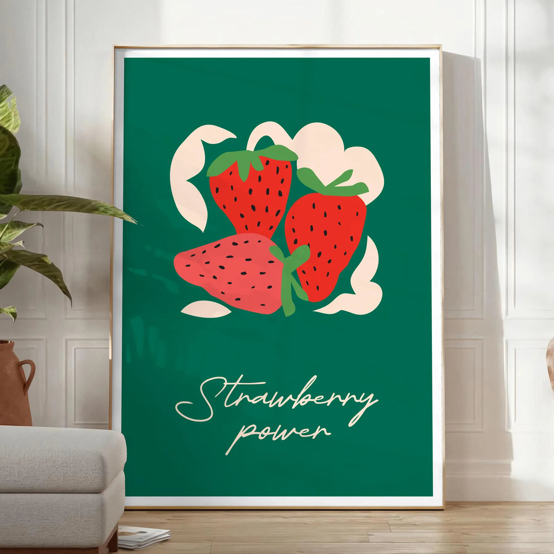 Arte abstrata com formas pretas ousadas e elementos de frutas verdes vibrantes - num quarto luminoso e minimalista com planta e poltrona