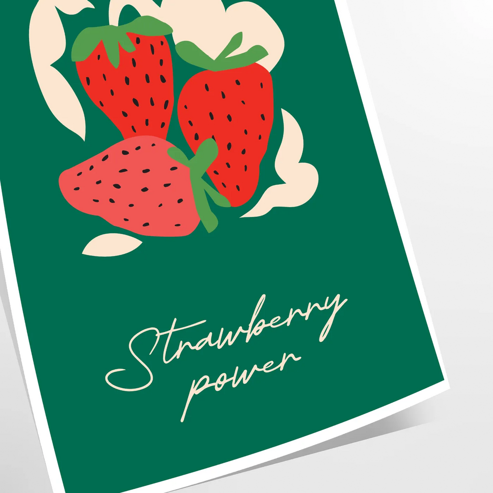 Abstract art featuring bold black shapes with vibrant green fruit elements