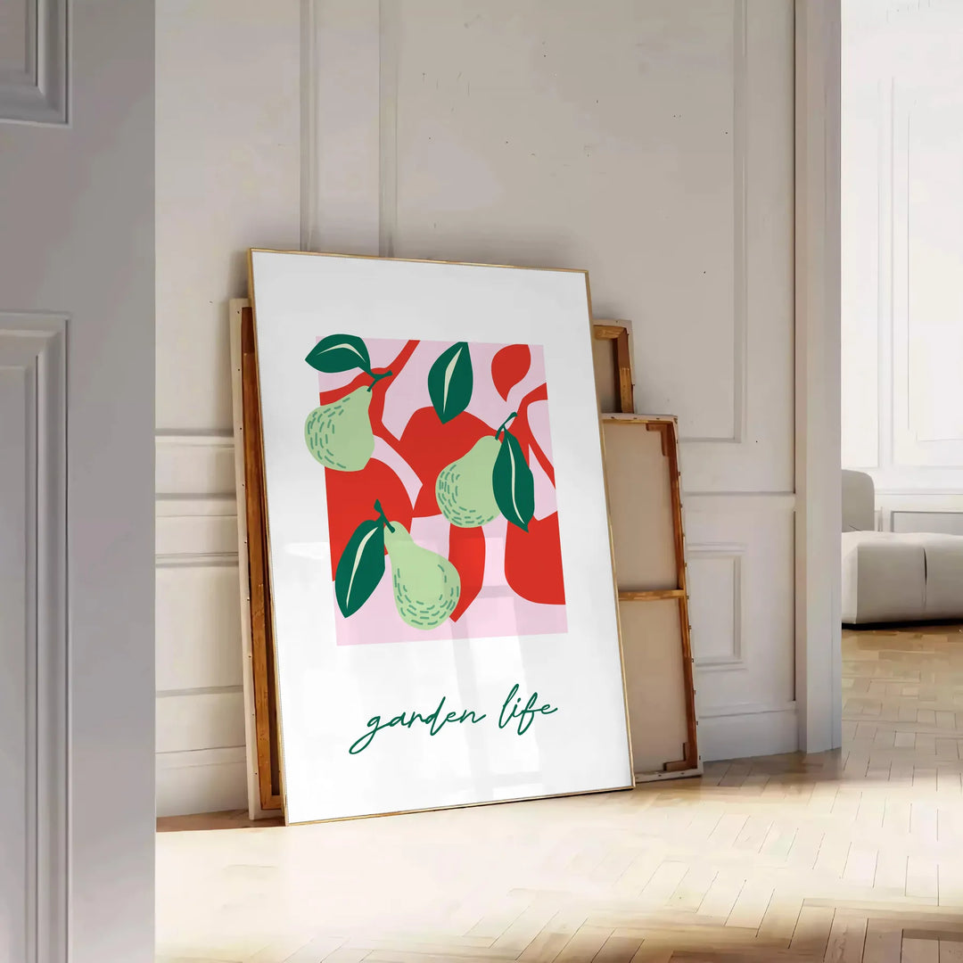 Abstract composition of fruits in green and red hues - leaning on a herringbone floor against a white panelled wall