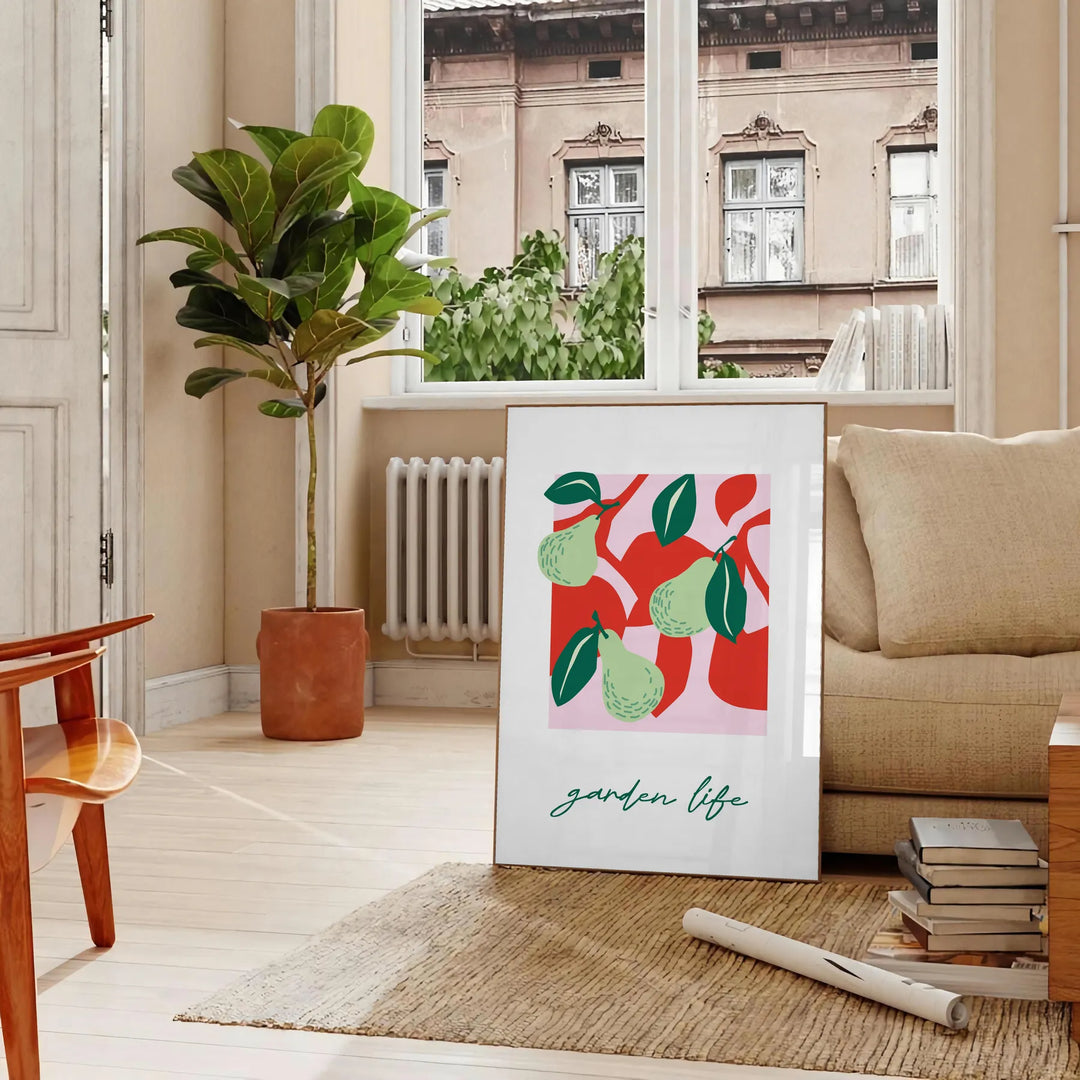 Abstract composition of fruits in green and red hues - in a Parisian living room with a sofa and a fig plant