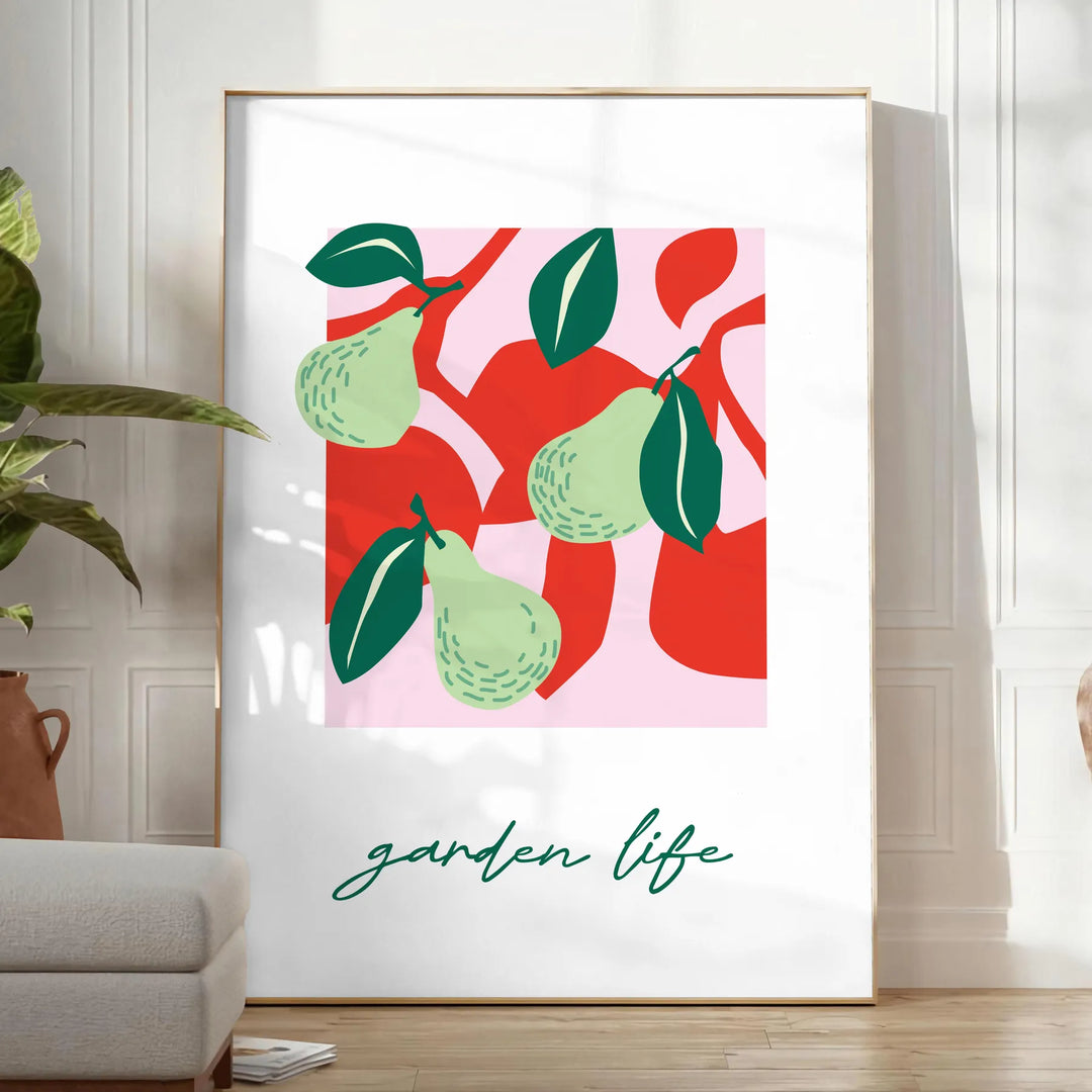 Abstract composition of fruits in green and red hues - in a bright minimalist room with a plant and an armchair