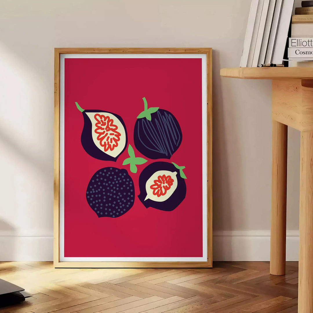 représentation abstraite de fruits dans des tons verts sur fond noir - à côté d'une table d'appoint ronde en bois avec des livres