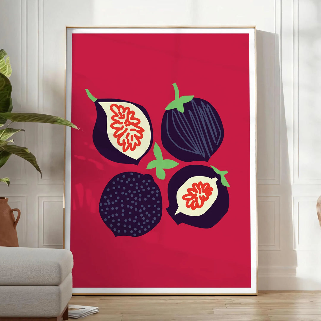 représentation abstraite de fruits dans des tons verts sur fond noir - dans une pièce lumineuse épurée avec plante et fauteuil