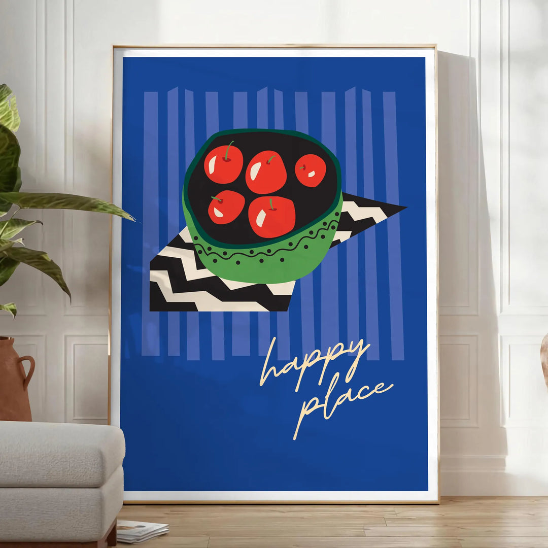 Abstract composition of fruits in green and black tones - in a bright minimalist room with a plant and an armchair