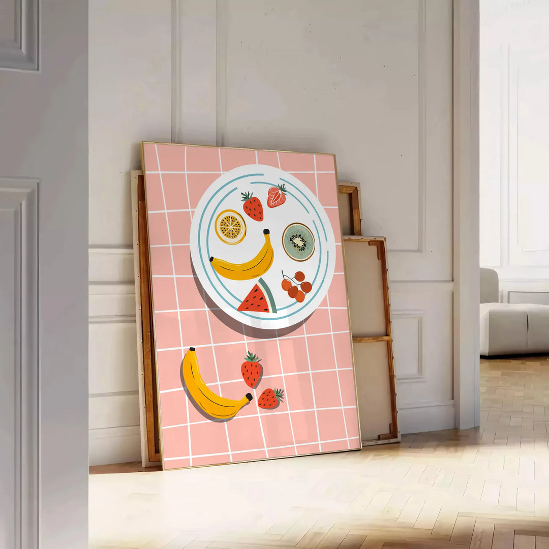 Colorful fruit arrangement on a gray background in a modern style - leaning on a herringbone floor against a white panelled wall