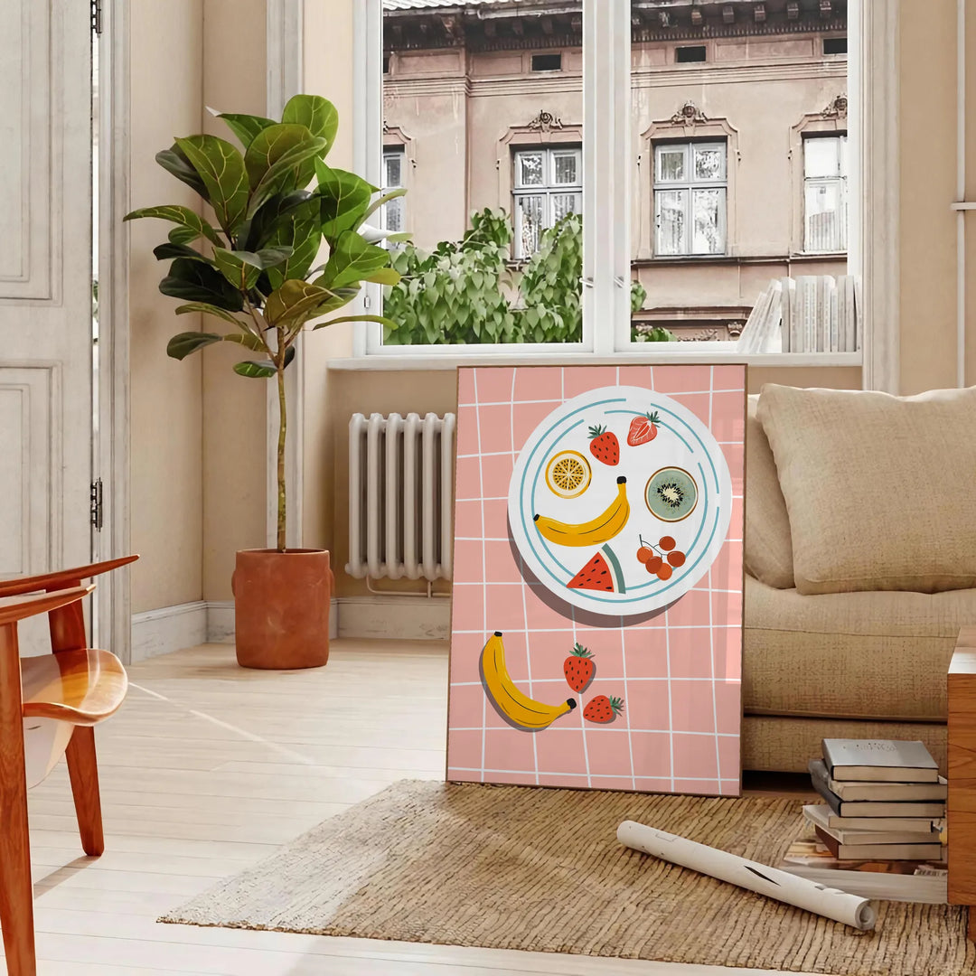 Colorful fruit arrangement on a gray background in a modern style - in a Parisian living room with a sofa and a fig plant