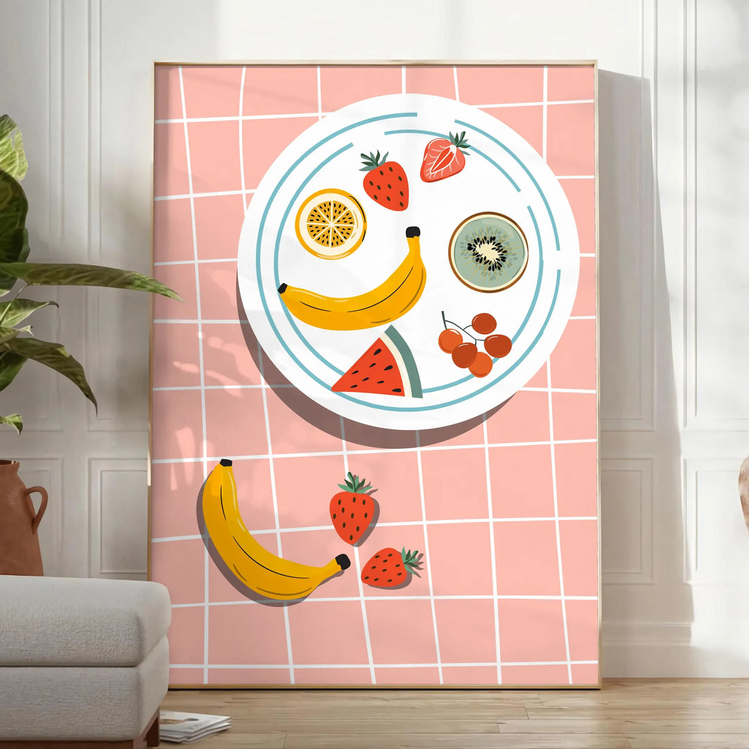 Colorful fruit arrangement on a gray background in a modern style - in a bright minimalist room with a plant and an armchair