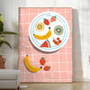 Colorful fruit arrangement on a gray background in a modern style - in a bright minimalist room with a plant and an armchair