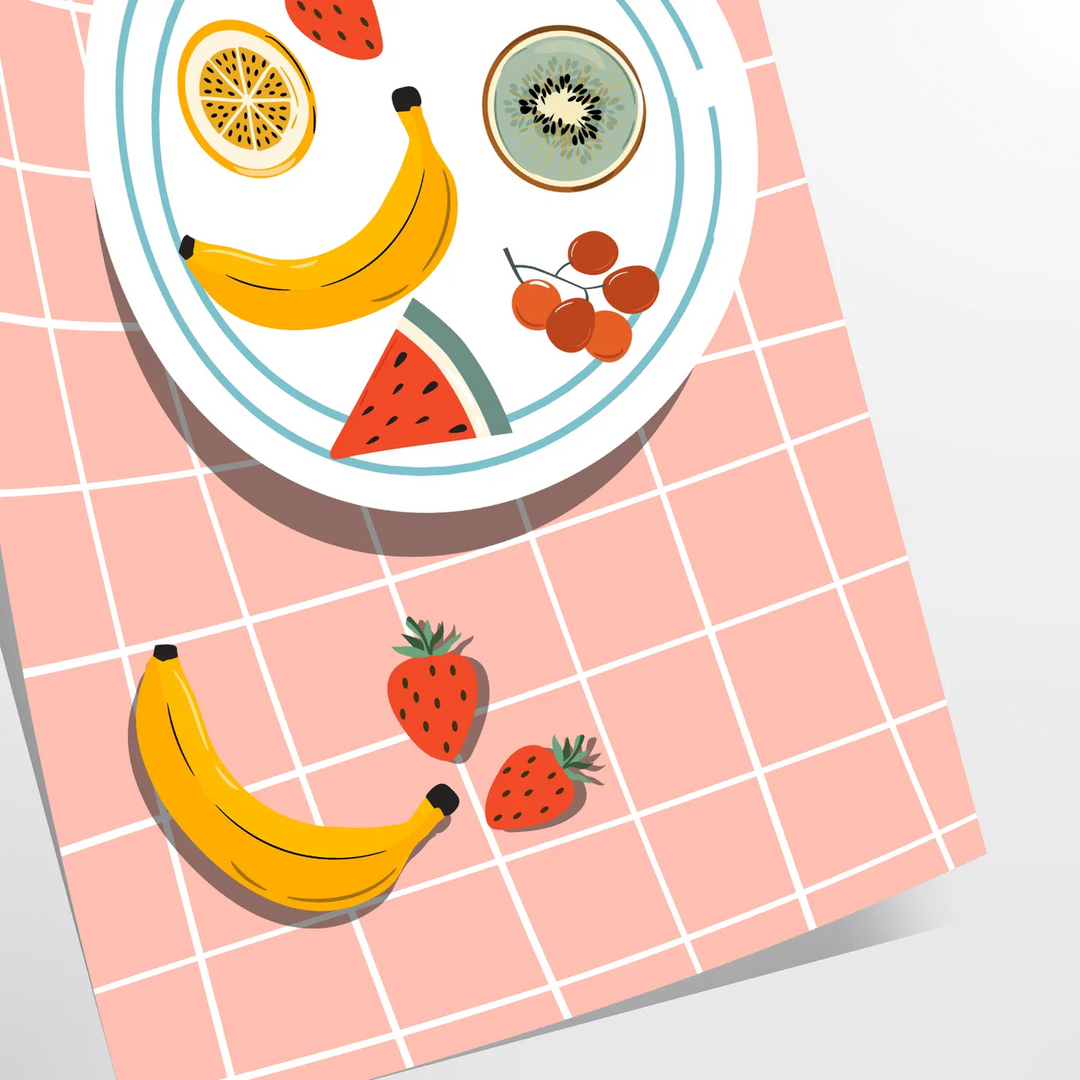 Colorful fruit arrangement on a gray background in a modern style