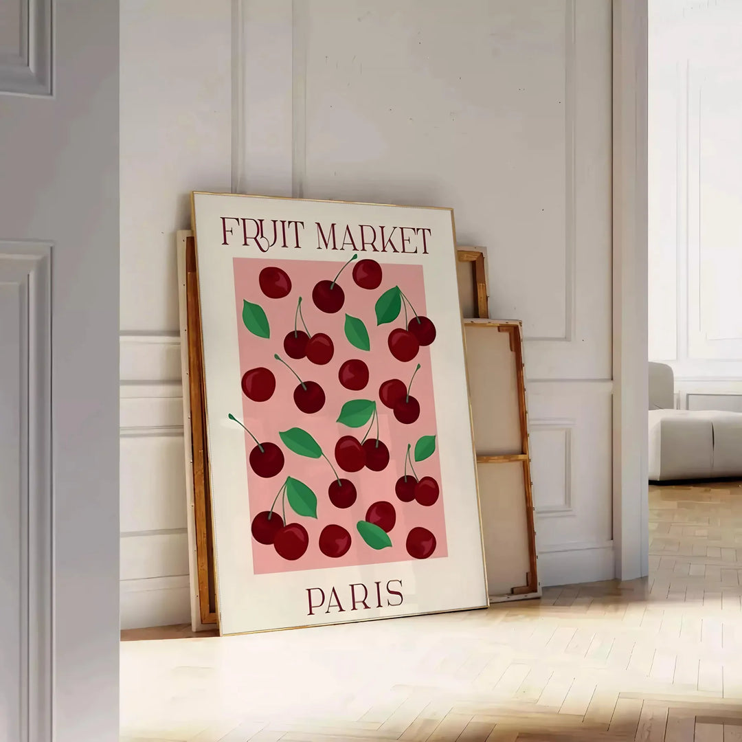 A graphic depiction of a fruit market in Paris with warm brown and orange tones - leaning on a herringbone floor against a white panelled wall