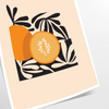 Färgglad fruktillustration med svart bakgrund och orange detaljer