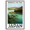 A serene depiction of Mount Fuji surrounded by green hills and gray skies - in a black frame