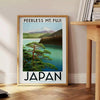 A serene depiction of Mount Fuji surrounded by green hills and gray skies - beside a round wooden side table with books