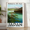 A serene depiction of Mount Fuji surrounded by green hills and gray skies - in a bright minimalist room with a plant and an armchair