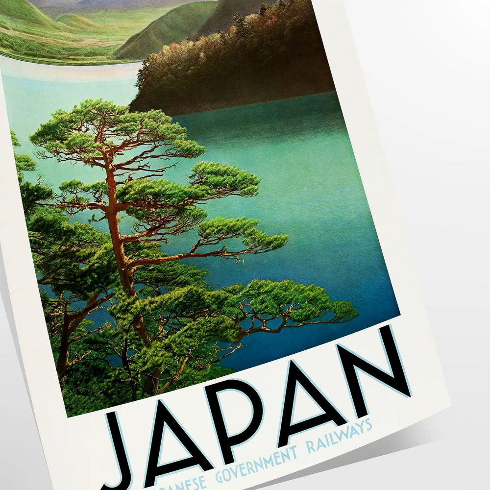 A serene depiction of Mount Fuji surrounded by green hills and gray skies