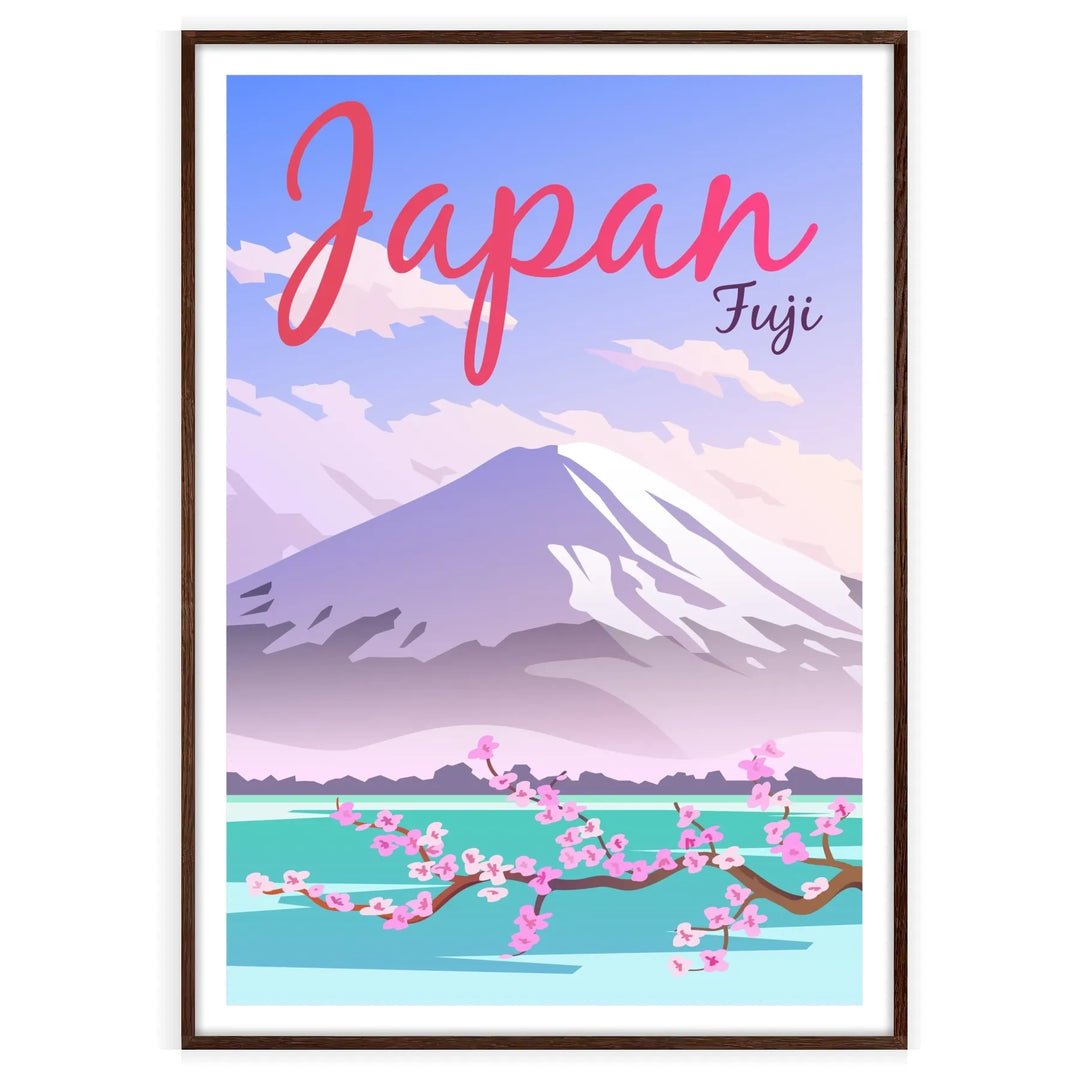 雲のある空の下、赤と灰色の富士山 - ウォルナットフレーム入り