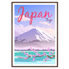 雲のある空の下、赤と灰色の富士山 - ウォルナットフレーム入り