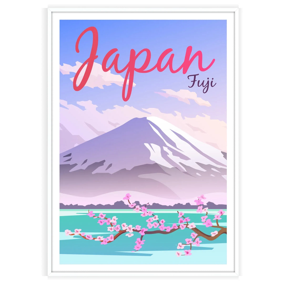 雲のある空の下、赤と灰色の富士山 - 白いフレーム入り