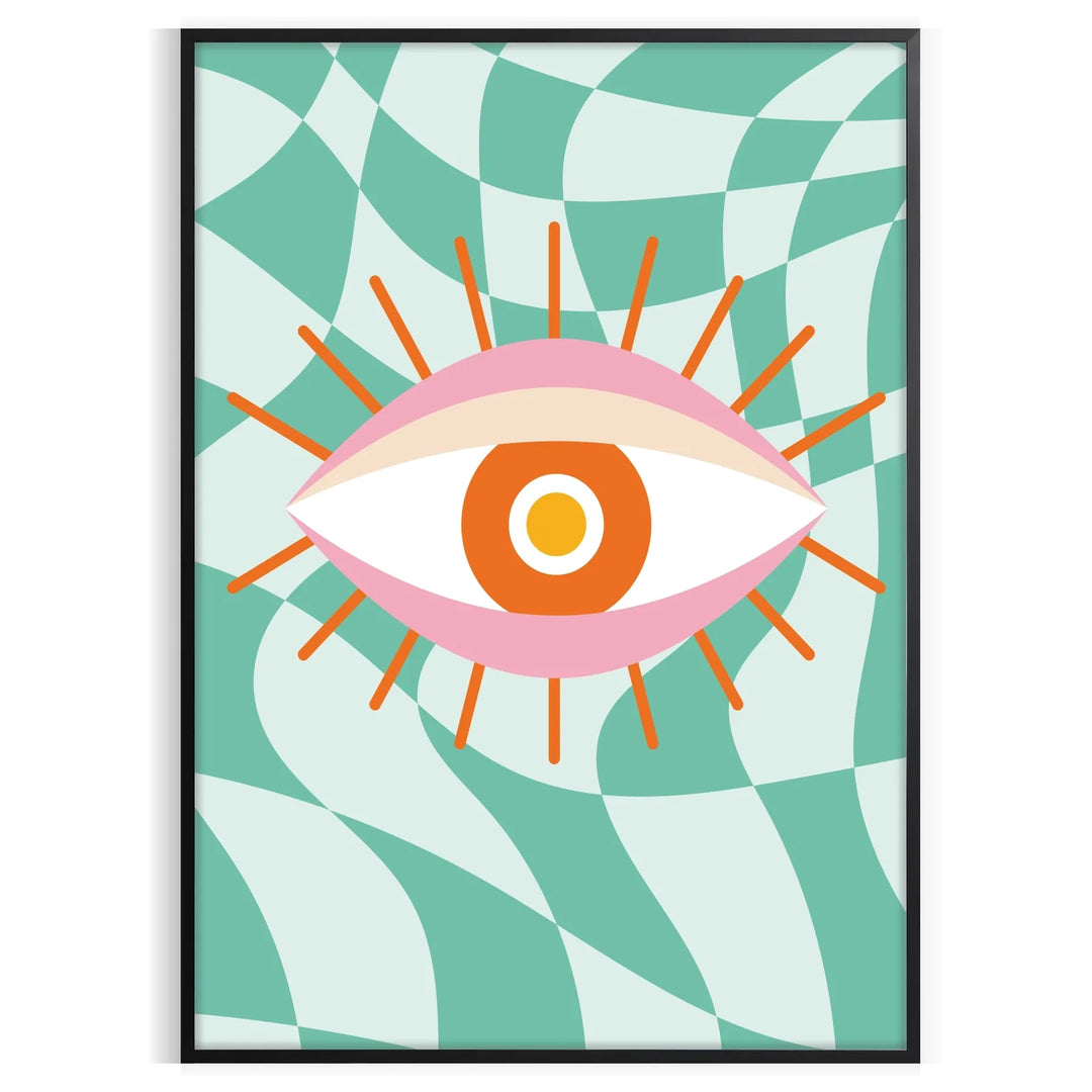 Abstract design with swirling green and orange shapes resembling a playful cosmic scene