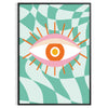 Abstract design with swirling green and orange shapes resembling a playful cosmic scene - in a black frame
