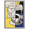 A playful illustration of coffee cups in black and green hues - in a black frame