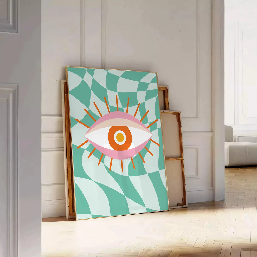 Abstract design with swirling green and orange shapes resembling a playful cosmic scene - leaning on a herringbone floor against a white panelled wall