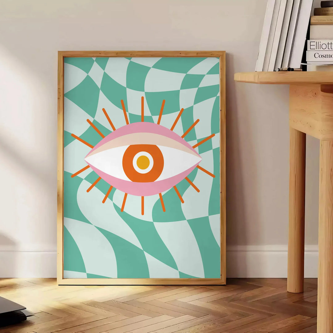 Abstract design with swirling green and orange shapes resembling a playful cosmic scene - beside a round wooden side table with books