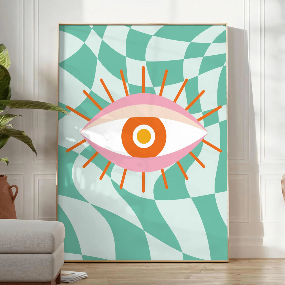Abstract design with swirling green and orange shapes resembling a playful cosmic scene - in a bright minimalist room with a plant and an armchair