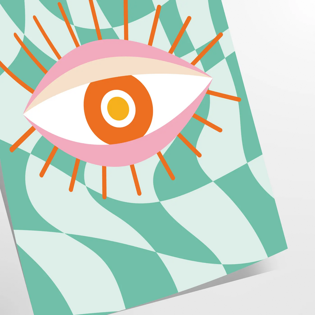 Abstract design with swirling green and orange shapes resembling a playful cosmic scene - as a rolled, unframed print