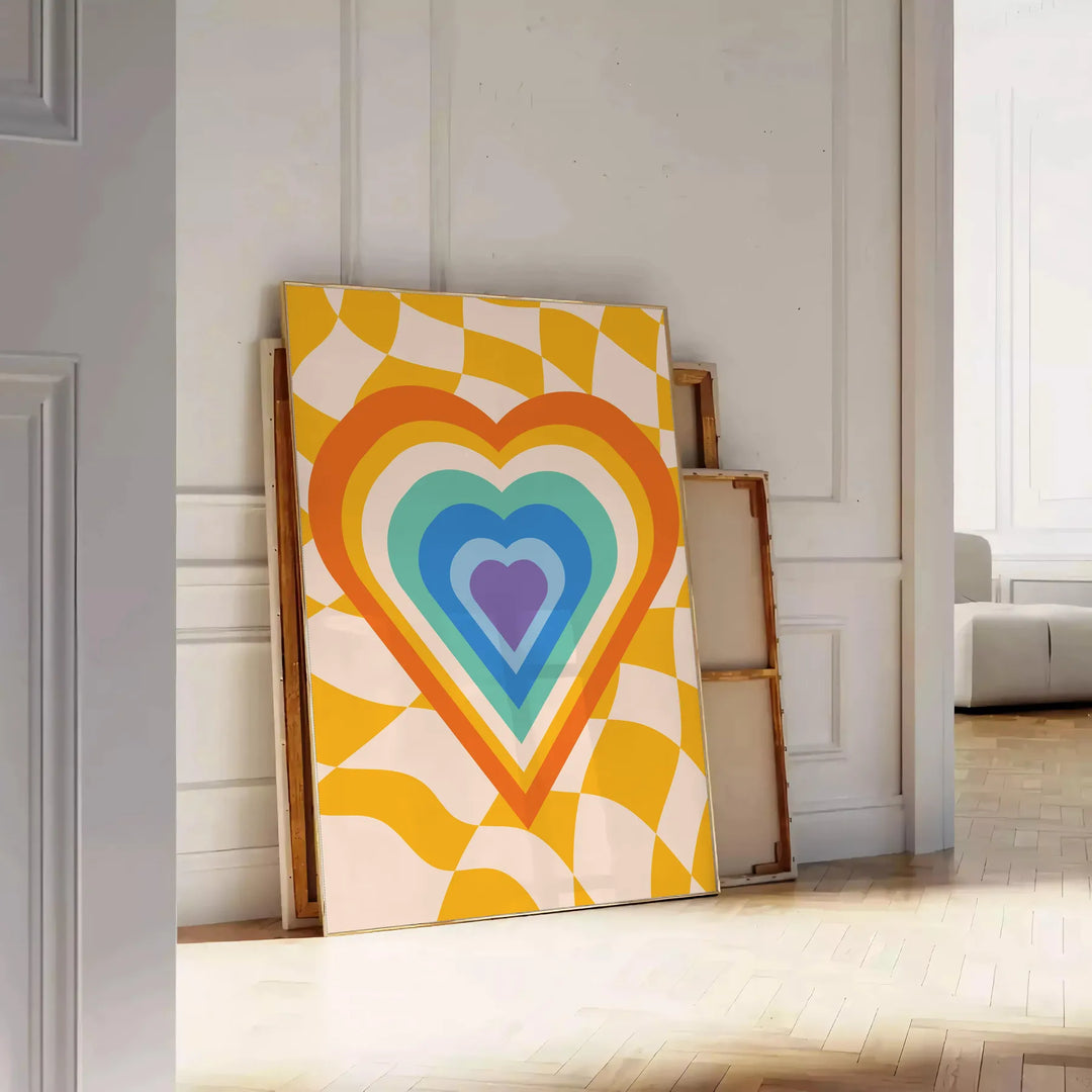 Abstract representation of space with bold green and orange colors - leaning on a herringbone floor against a white panelled wall