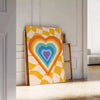 Abstract representation of space with bold green and orange colors - leaning on a herringbone floor against a white panelled wall
