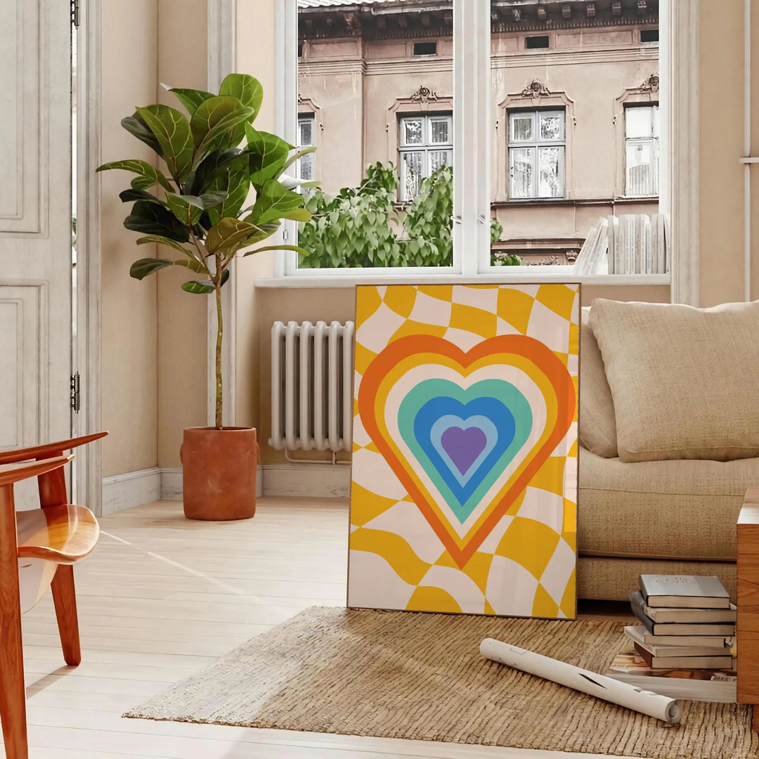 Abstract representation of space with bold green and orange colors - in a Parisian living room with a sofa and a fig plant