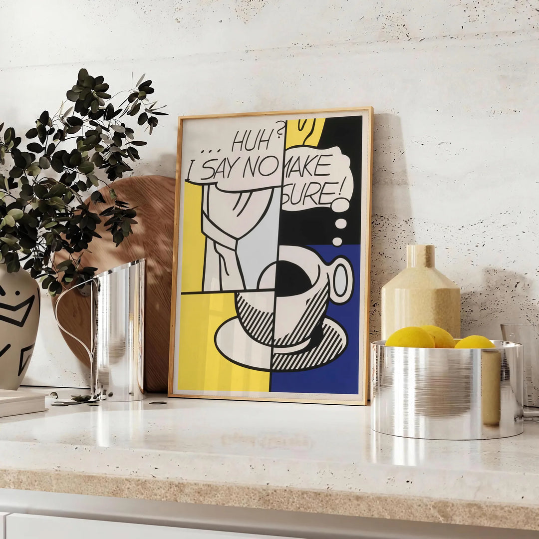 A playful illustration of coffee cups in black and green hues - styled on a counter with eucalyptus and a bowl of lemons