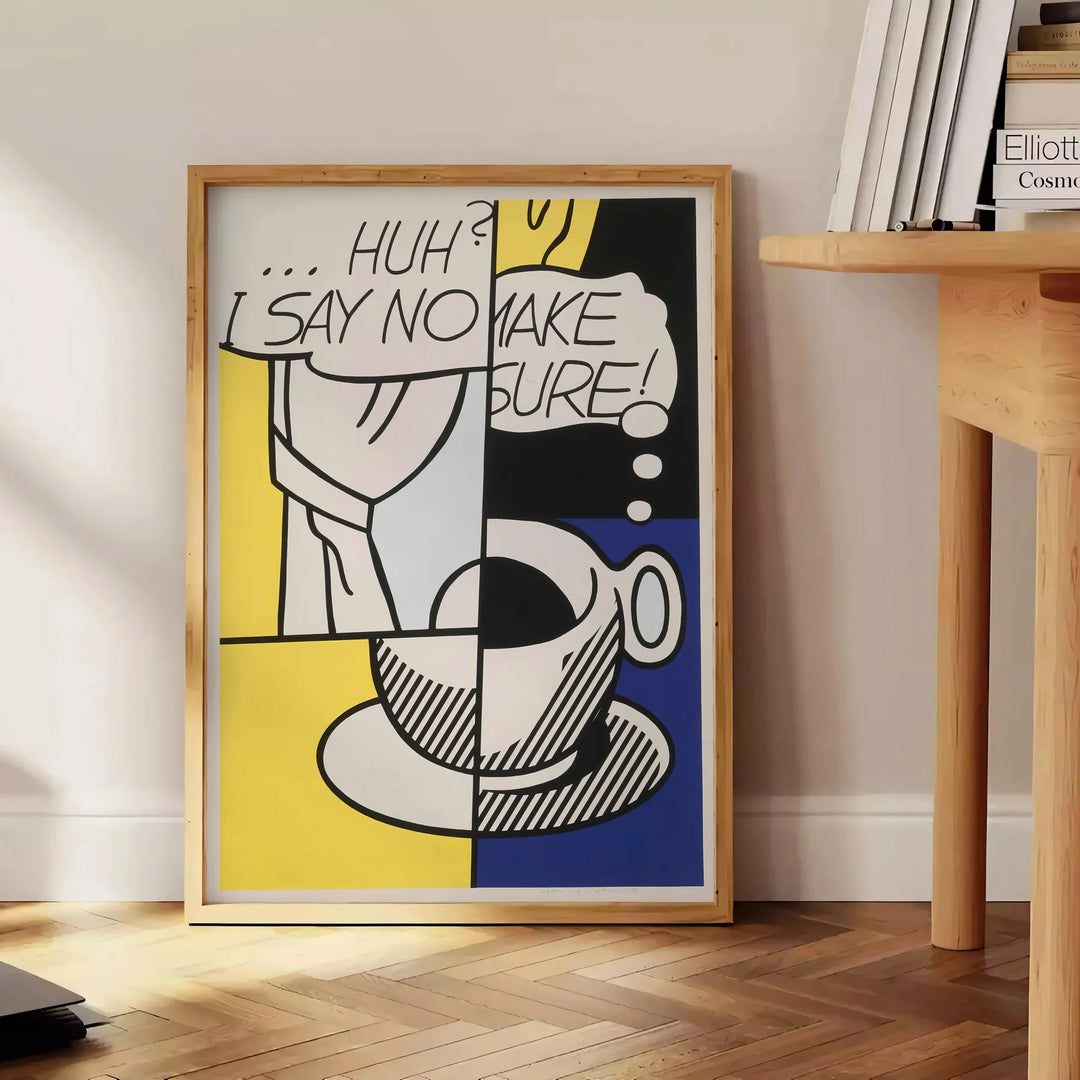 A playful illustration of coffee cups in black and green hues - beside a round wooden side table with books