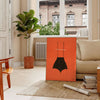 A playful design featuring abstract shapes in black and orange - in a Parisian living room with a sofa and a fig plant