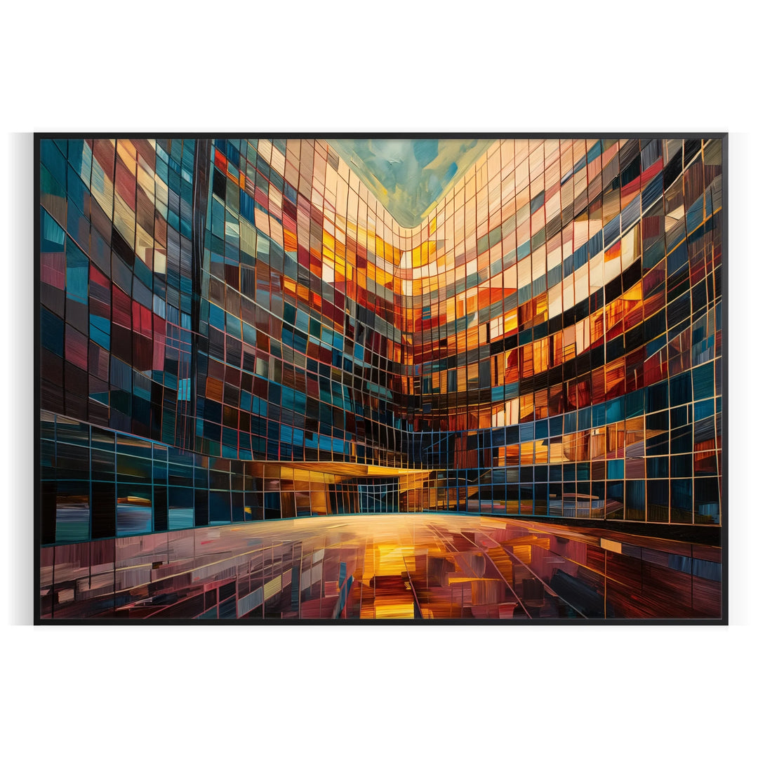 Abstract futurism building in impasto oil painting style with brown and green tones