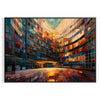 Edificio futurista abstracto en estilo de pintura al óleo impasto con tonos marrones y verdes - en un marco negro