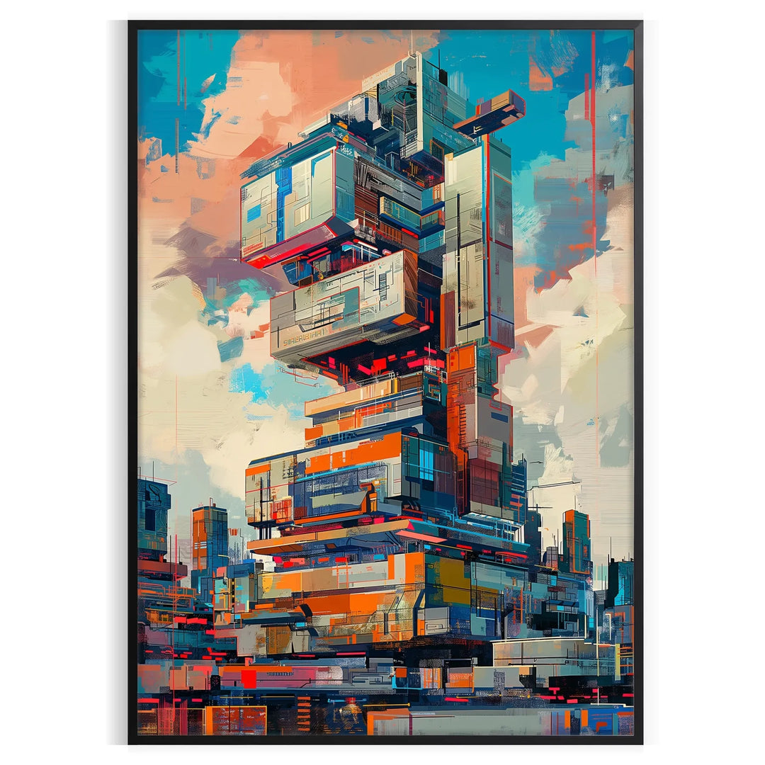 Futuristic building design with green and blue tones