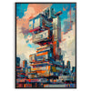 Futuristic building design with green and blue tones - in a black frame