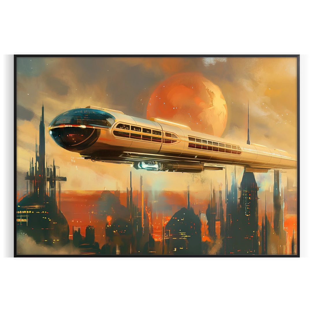 Futuristic travel poster featuring abstract shapes in gray and green tones