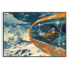 Futuristic travel scene with abstract shapes in gray and green - in a black frame
