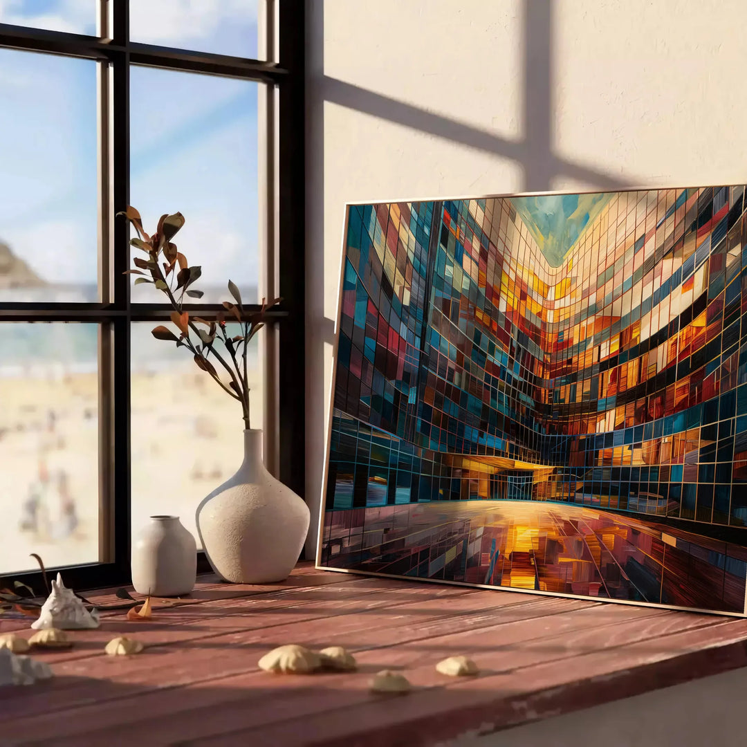 Edificio futurista abstracto en estilo de pintura al óleo impasto con tonos marrones y verdes - apoyado en un suelo de espiga contra una pared de molduras