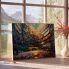 Edificio futurista abstracto en estilo de pintura al óleo impasto con tonos marrones y verdes - junto a una mesa auxiliar redonda de madera con libros
