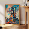Futuristic building design with green and blue tones - beside a round wooden side table with books