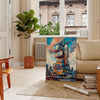 Futuristic building design with green and blue tones - in a Parisian living room with a sofa and a fig plant