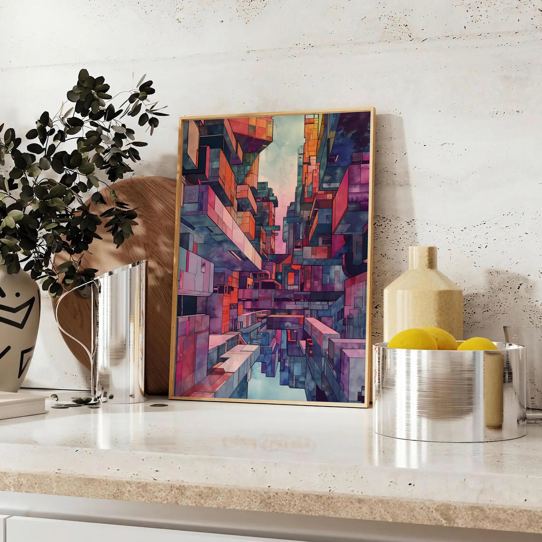Watercolor depiction of a futuristic cityscape with greens and blues - styled on a counter with eucalyptus and a bowl of lemons