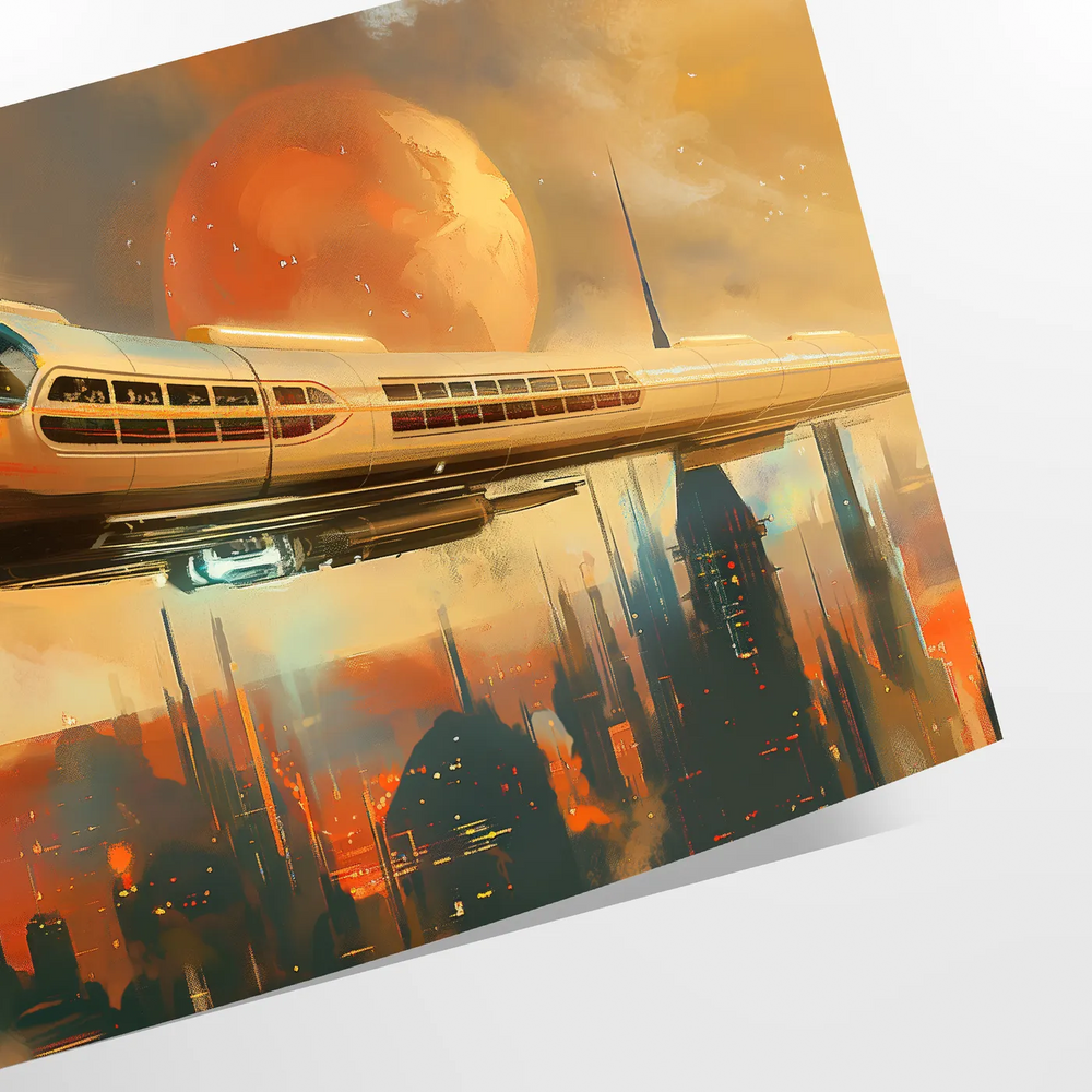 Futuristic travel poster featuring abstract shapes in gray and green tones